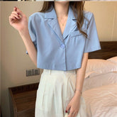 Short Sleeve Notched Style Cropped Blouse Shirts